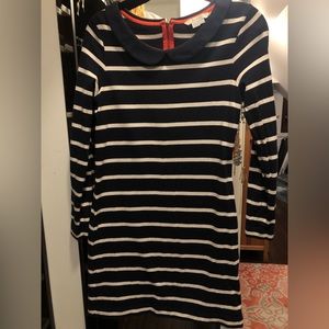 Boden navy Breton dress with Peter Pan collar bright pink zipper accent on back.